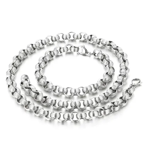 Herren Schmuck Halskette Und Armband 316L Edelstahl Strukturierte Runde Glieder Industrial Punk Stil Streetwear Accessoire Silber