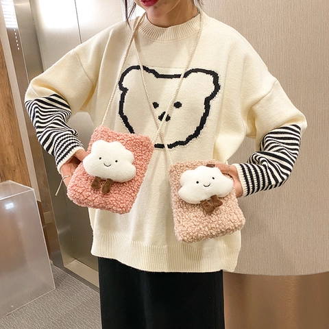 Sac Bandoulière En Peluche Nuage Mignon Laine D'Agneau Douce Mini Pochette Téléphone Décoration Dessin Animé Enfants Femmes