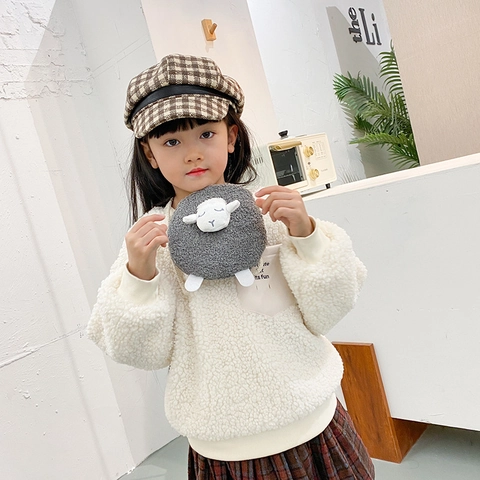 Kids Plush Crossbody Bag Cute Cartoon Lamb Crown Shape Sherpa Fleece Shoulder Purse For Toddler Girls Winter