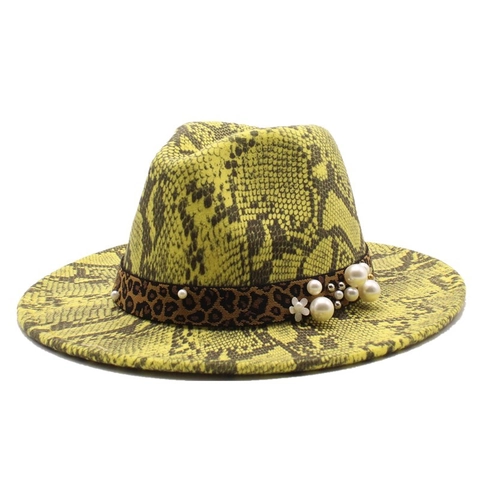 Cappello Fedora Vintage Feltro Di Lana Stampa Serpente Fascia Leopardata Con Künstliche Perle E Decorazione Floreale Cappello Jazz Retro