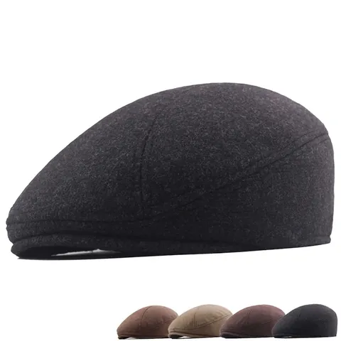 Men 100% Wool Flat Cap Warm Solid Color Retro British Style Forward Newsboy Beret Hat Casual Winter