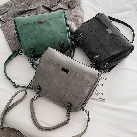 Women Boston Shoulder Handbag Brushed PU Leather Grid Stitching Metal Chain Strap Retro Fashion Crossbody Bag For Daily Office