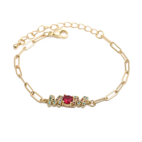 Copper Gold Plated MOM Pendant Bracelet With Multi Color Rhinestones And Red Gemstone Adjustable Jewelry For Women