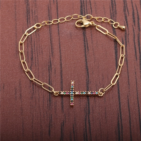 Kruis Hanger Armband Koper Verguld Kleurrijke Zirkonia Verstelbare Schakelketting Hip Hop Mode Sieraden Voor Dames