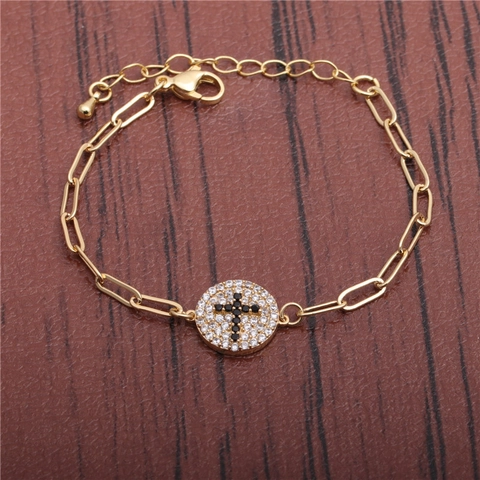 Kupfer Armband Mit Micro Pave Zirkon Kreuz Rundem Anhänger Verstellbare Hip Hop Stil Büroklammerkette Mode Schmuck