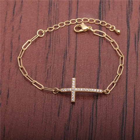 Hip Hop Cross Pendant Bracelet Micro Pave Zircon Copper Cuban Chain Adjustable Iced Out Jewelry For Men Women