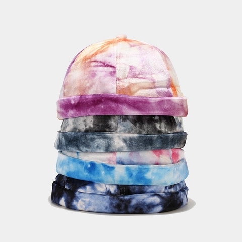 Tie Dye Docker Hat Fluweel Randloze Pet Retro Verstelbare Skullcap Streetwear Voor Heren Dames