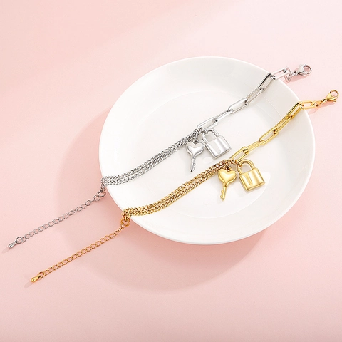 Spliced Chain Bracelet Stainless Steel Padlock And Heart Key Charm For Women Trendy Elegant Jewelry Asymmetric Link