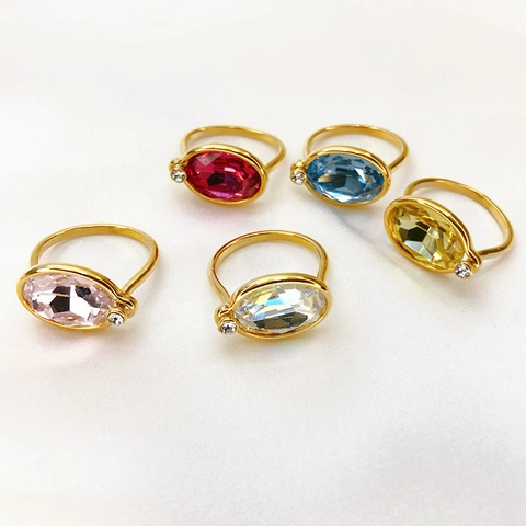 Anillo De Cobre Retro Con Cristal De Color Ovalado Y Pequeño Diamante De Imitación Joyería De Moda Para Mujeres