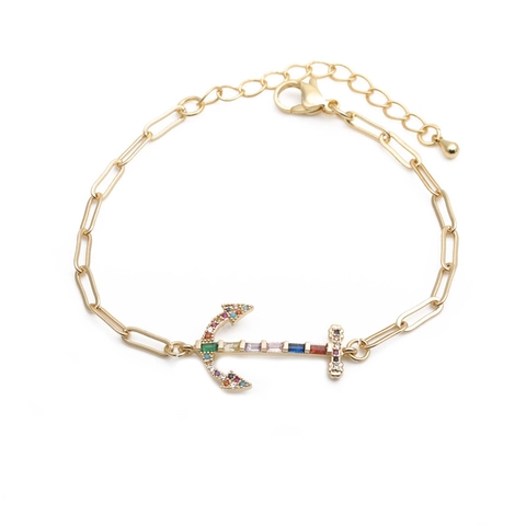 Bracciale Con Pendente Ancora Rame Placcato Oro Con Zirconi Colorati Regolabile Hip Hop Gioielli Creativi Per Donne Uomini