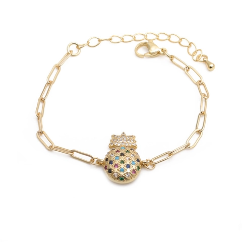 Bracciale In Rame Con Ciondolo A Forma Di Ananas In Zirconia Colorata Placcato Oro Catena A Graffetta Regolabile
