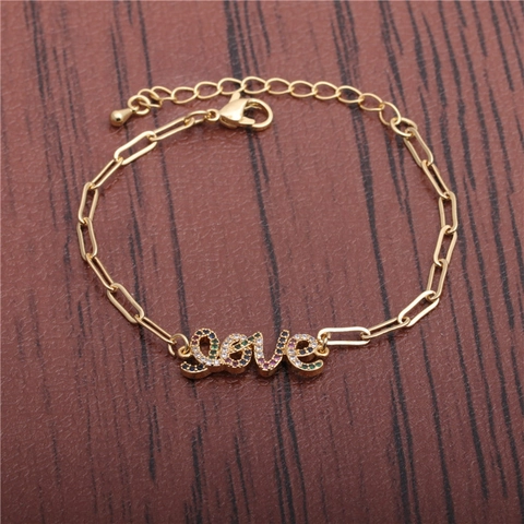 Liefde Brief Hanger Koperen Armband Gekleurde Strass Hip Hop Cubaanse Schakelketting Mode Sieraden Vrouwen