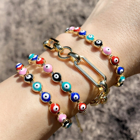 Evil Eye Armband Vergoldet Kupfer Bunte Emaille Verstellbar Bolo Kette Bohème Vintage Schmuck Damen