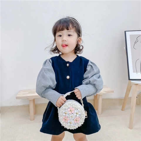 Borsa Tracolla Rotonda Bambini Tweed Intrecciato Decorazione Floreale Perla Artificial Sintetica Mano Catena Metallo Stile Principessa Ragazze