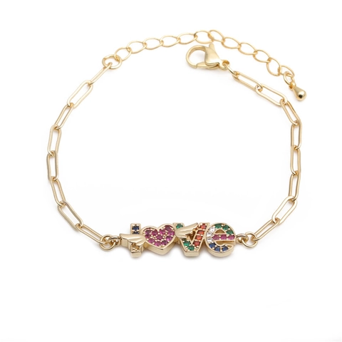 Hip Hop LOVE Heart Angel Wings Bracelet Copper With Multi-color Zircon Micro-pave Adjustable Jewelry For Women Men