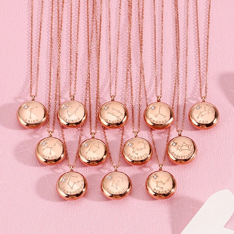 Zodiac Constellation Pendant Necklace Rose Gold Plated Stainless Steel Round Disk Rhinestone Minimalist Jewelry Women