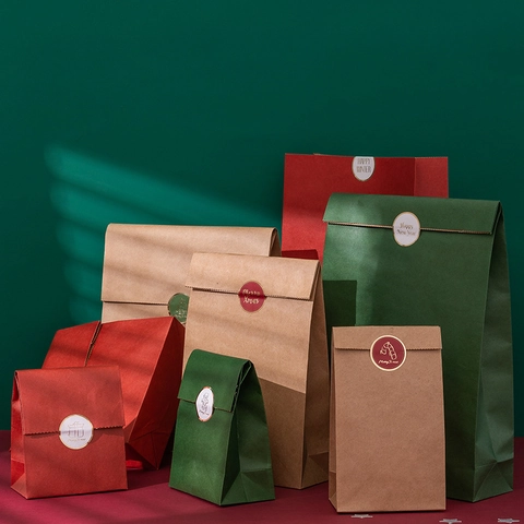 Bolsas De Regalo De Papel Kraft De Navidad Con Pegatinas Para Embalaje De Dulces De Fiesta Color Sólido