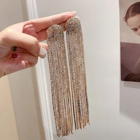 Boucles D'Oreilles Longues À Pompons Pour Femmes En Alliage Strass Scintillants Avec Tige En Argent Style Coréen