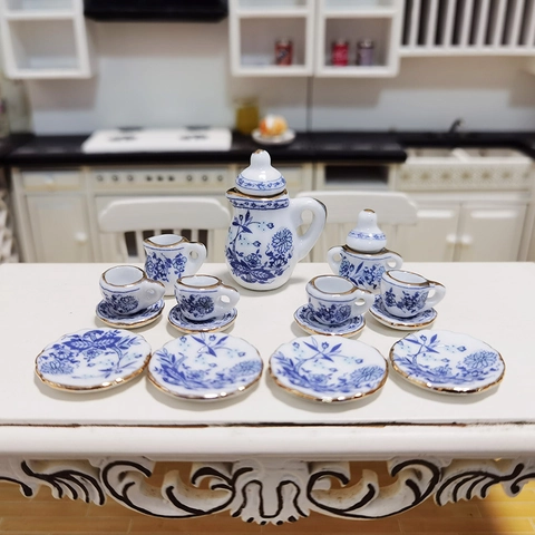 Teiera Tazze Piatti Miniatura Ceramica Motivo Floreale Bordo Dorato Accessori Casa Delle Bambole Giocattoli Bambini