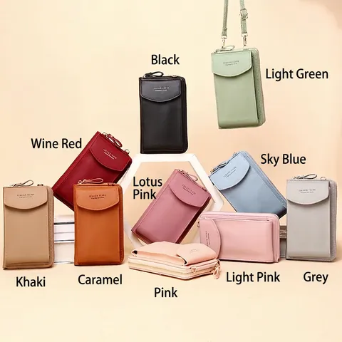 Women Crossbody Phone Bag PU Leather Vertical Square Mini Shoulder Purse With Card Slots Zipper Closure Solid Color