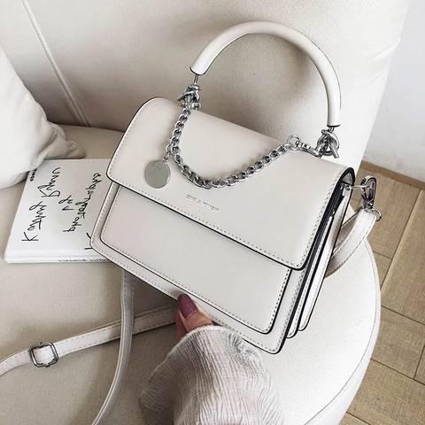 Damen Umhängetasche Aus Pu Leder Mit Klappe Und Silberner Metallkette Top Griff Kleine Quadratische Handtasche Für Den Alltag