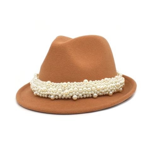 Damen Wollfilz Fedora Hut Mit Künstliche Perlenband Retro Britischer Stil Jazzhut Herbst Winter Outdoor Eleganter Filzhut