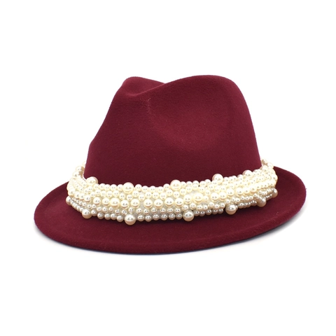 Damen Wollfilz Fedora Hut Mit Künstliche Perlenband Retro Britischer Stil Jazzhut Herbst Winter Outdoor Eleganter Filzhut
