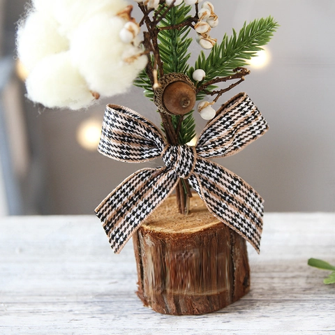 Mini Christmas Pine Tree Desktop Decoration With Wood Burlap Base Artificial Berries Cotton And Fabric Bow For Holiday Home