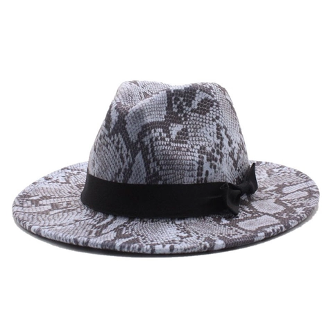 Chapeau Fedora Imprimé Serpent Feutre Large Bord Ruban Noir Noeud Style Britannique Jazz