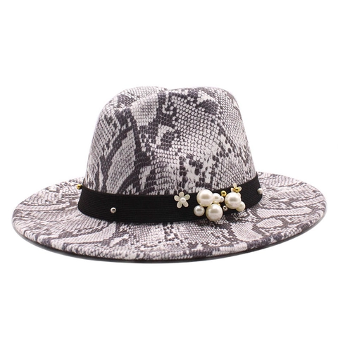 Snake Skin Pattern Wool Felt Fedora Hat With Artificial Pearl Flower Ribbon Wide Flat Brim Jazz Style For Men Women