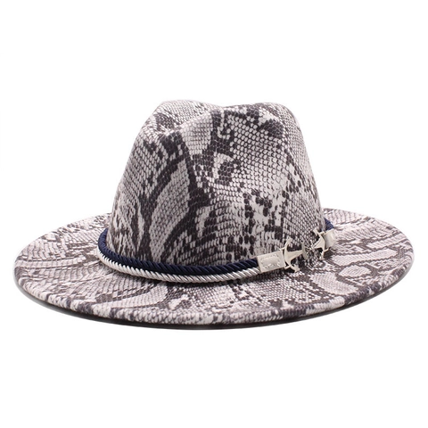 Snake Print Fedora Hat Wool Felt Wide Brim Jazz Cap With Braided Rope And Silver Anchor Charms Unisex Fashion Headwear