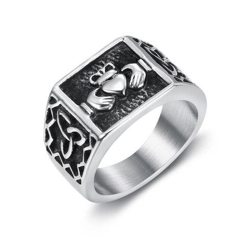 Claddagh Ring Stainless Steel Heart Crown Hands Irish Celtic Retro Engraved Band Jewelry For Women Men