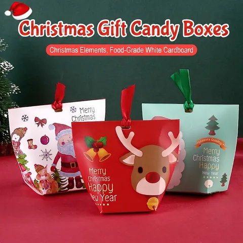 Christmas Gift Packaging For Candy Cookie Cardboard Party Favor Bags With Ribbon Santa Claus Reindeer Festive Decor