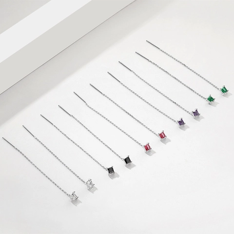 Orecchini A Filo Con Catena Lunga Con Zirconi Cubici Quadrati Argento Sterling 925 Gioielli Geometrici Minimalisti Donna