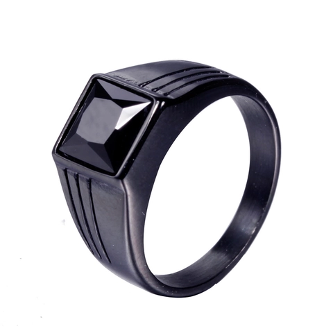 Fashion Men Square Zircon Stainless Steel Ring Black Plated Signet Band With Triple Grooves Punk Jewelry