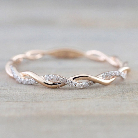 Elegant Copper Twisted Rope Rhinestone Ring For Women Gold Silver Plated Wave Pattern Stackable Band Ring Minimalist Jewelry Gift