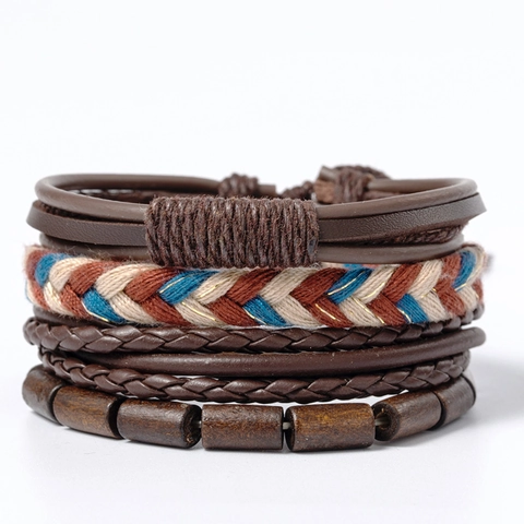 Set Bracciali Multistrato in Pelle Intrecciata Vintage Per Uomo Donna Stile Bohemien Perline Legno Ciondolo Lega Regolabile