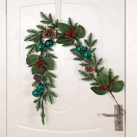 Christmas Garland Artificial Pine Needles Pinecones Red Berries Peacock Green Balls Door Wall Home Festive Holiday
