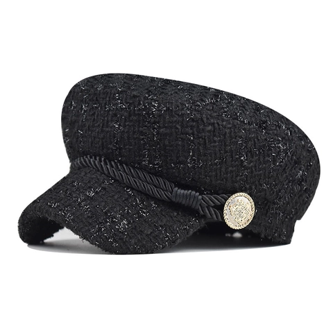 British Style Women Tweed Newsboy Hat Glitter Octagonal Baker Boy Cap Vintage Navy Hat With Metal Button Winter Warm Headwear