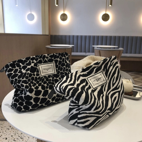 Neceser Para Mujer De Tela Jacquard Con Estampado Animal Leopardo Cebra Cartera De Mano Maquillaje Cremallera Bolso De Viaje