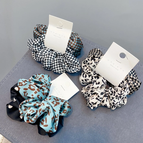 Satin Fabric Scrunchies Elastic Hair Ties Polka Dot Leopard Print Houndstooth Fashion Accessories For Women