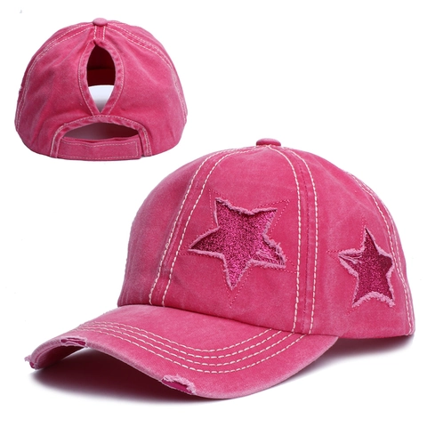 Women Ponytail Baseball Cap Distressed Washed Cotton Star Sequin Patch Vintage Ripped Adjustable Sun Hat