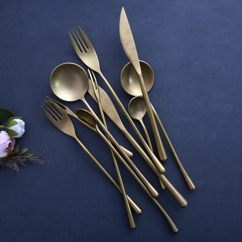 Retro Gold 304 Stainless Steel Cutlery Japanese Matte Brushed Tableware Dinner Knife Fork Spoon Home Kitchen Elegant