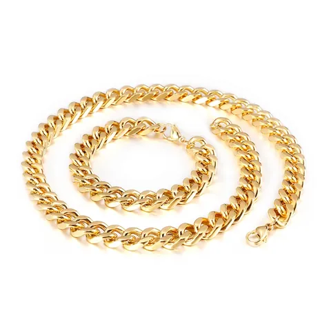 Men Cuban Link Necklace And Bracelet Stainless Steel Hip Hop Punk Style Polished Gold Black Lobster Clasp Jewelry