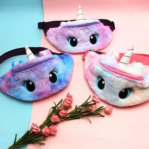 Unicorn Plush Fanny Pack Cute Cartoon Big Eyes Waist Bag Tie-Dye Gradient For Kids Girls Adjustable Strap