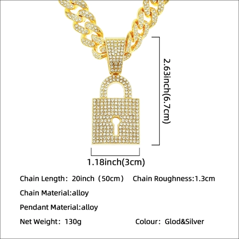 Hip Hop Alloy Cuban Chain Necklace with Rhinestone Inlaid Padlock Pendant Jewelry For Men Women Gold Silver
