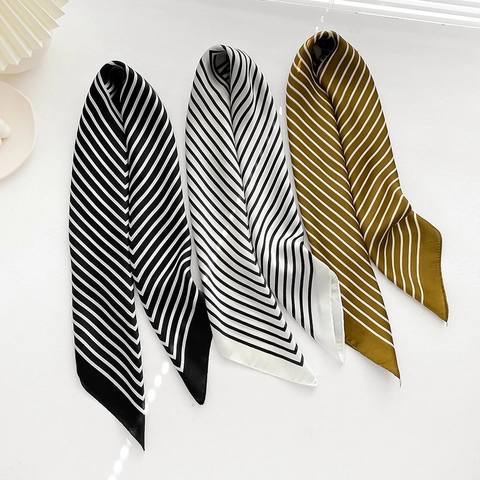 Women's Elegant Striped Satin Square Scarf Vintage Lightweight Neck Scarf French Style Polyester Fashion Headwrap Accessory