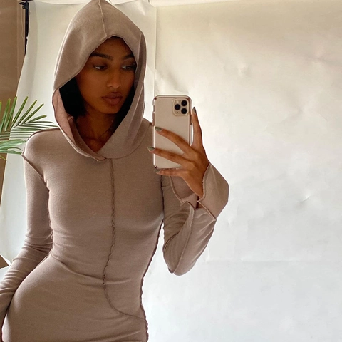 Hooded Maxi Dress Long Sleeve Polyester Spandex Slim Fit Exposed Seam Thumb Hole Streetwear Solid Color For Women