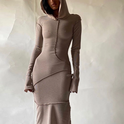 Hooded Maxi Dress Long Sleeve Polyester Spandex Slim Fit Exposed Seam Thumb Hole Streetwear Solid Color For Women