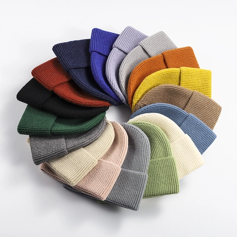 Winter Knitted Beanie Hat Warm Thickened Ribbed Soft Rolled Edge Brimless Solid Color Outdoor Fashion For Men Women